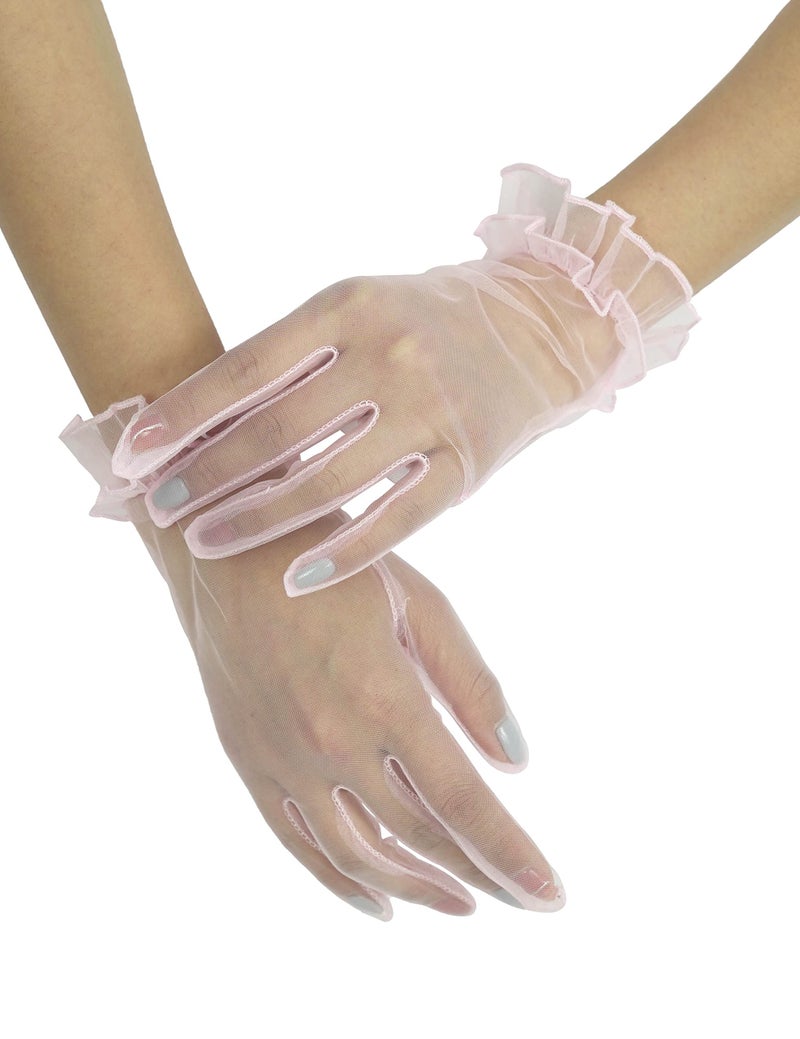 QRBTSCL Women's Short Mesh Gloves Ruffled Tulle Wedding Party Gloves Short Prom Evening Glove Pink - Image 4